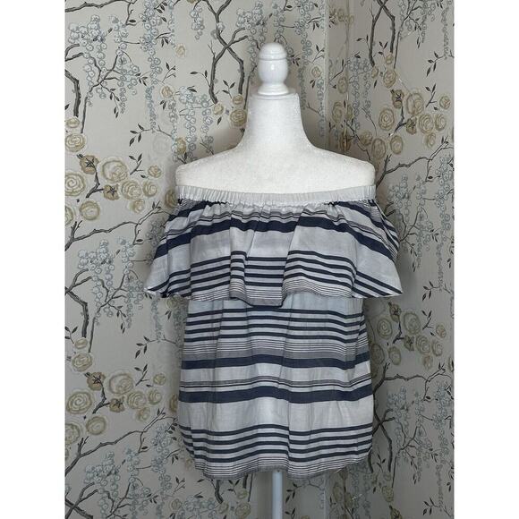 NWT LOFT Ann Taylor Women's Off Shoulders Ruffle Striped Top‎ Cotton Sz L - Picture 1 of 6